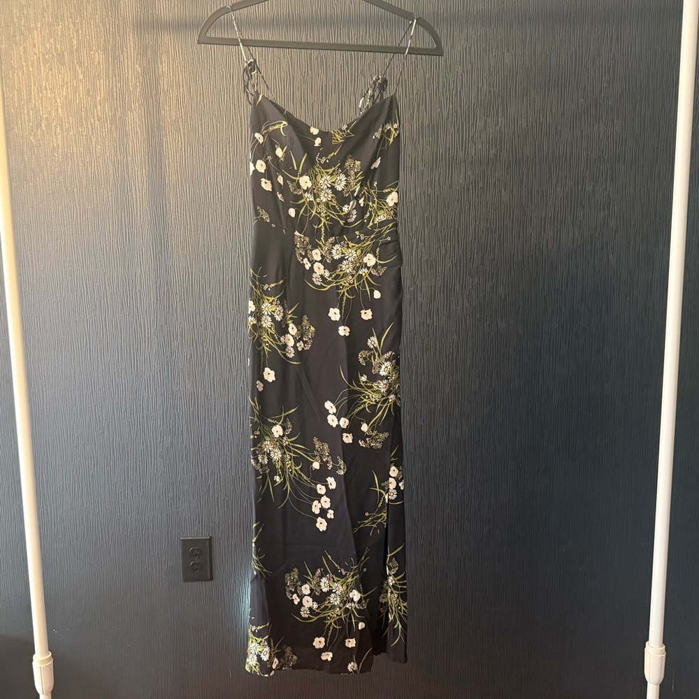 Reformation Black Floral Midi Dress with Green & Cream Print - Picture 3 of 6